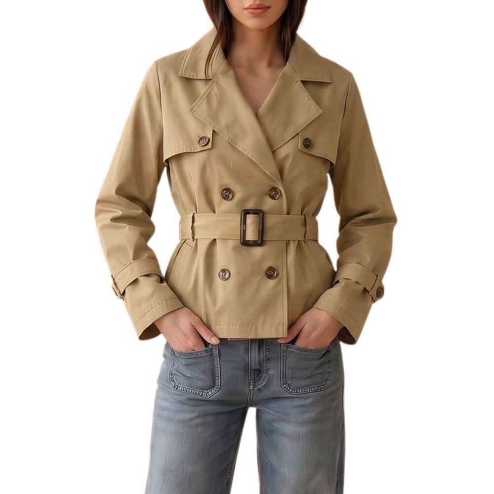Women's Double Breasted Notched Lapel Belted Trench Coat Cuff Jacket Khaki